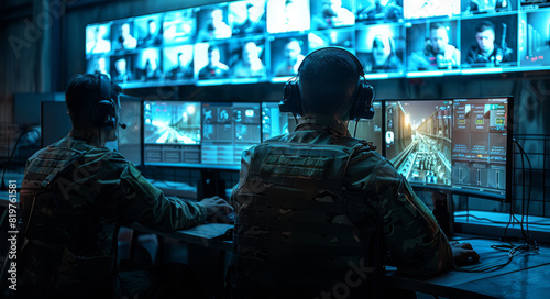 In the central office, Control and Monitoring for managing national security, military surveillance officers use computer screens. Generative AI. photo
