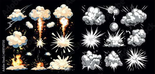 Speed comic explosion smoke, boom effect, air motion steam energy, lightning and sparks.