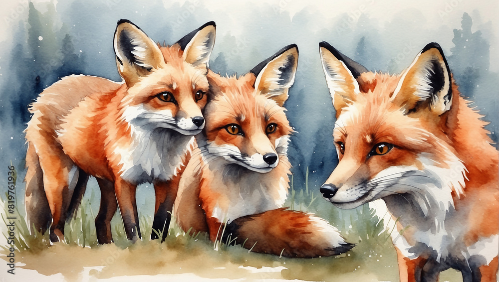 A watercolor painting of three red foxes looking at each other in a field.