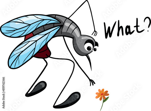 A mosquito and a flower. Mosquito's bewilderment. Mosquito meme. Vector. Sticker for T-shirt, mug, mosquito spray