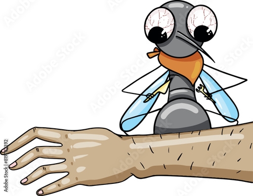 Mosquito and hand, mosquito with a fork, about to eat.Vector. Sticker for T-shirt, mug, mosquito spray