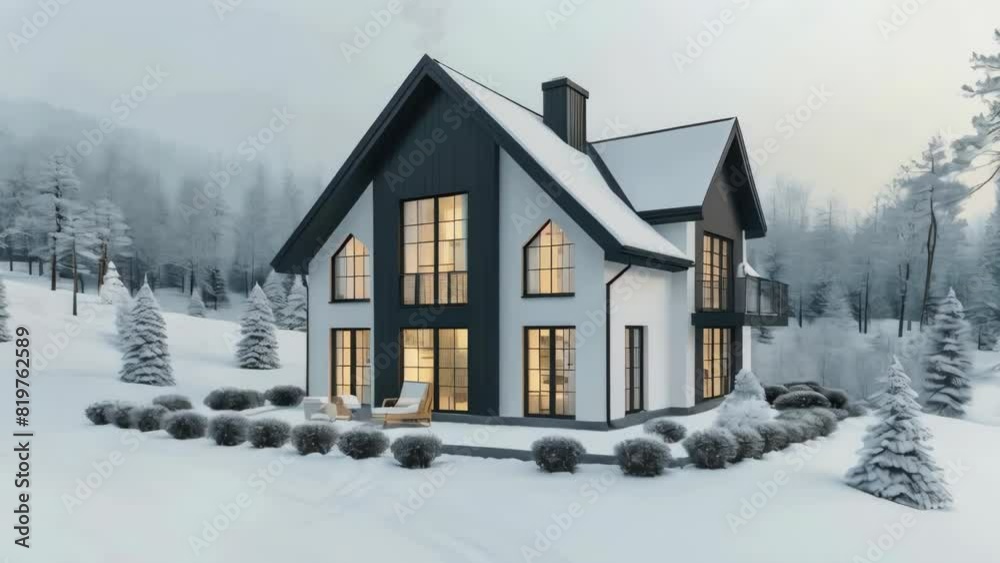A large house with a white roof and black trim sits on a snowy hill. The house is surrounded by evergreen trees and has a cozy, wintery feel. The snow-covered landscape creates a serene A large house with a white roof and black trim sits on a snowy hill. The house is surrounded by evergreen trees and has a cozy, wintery feel. The snow-covered landscape creates a serene