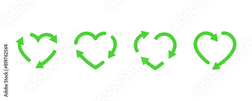 Set of recycle heart symbols. Green heart with circulation arrows. Vector 10 Eps.