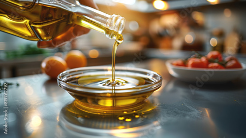 Olive oil pouring into a dish with a blurred kitchen background. Generative AI.