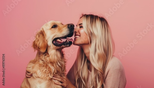Happy Woman with Her Dog Against Pink Background.. photo
