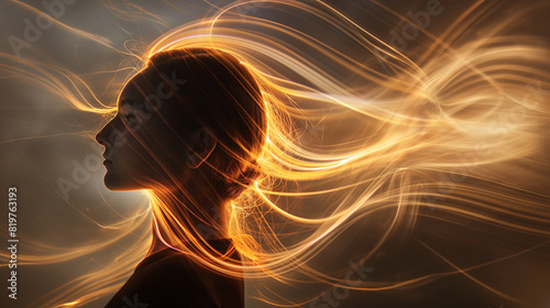 Swirling light trails around a person's head, symbolizing the flow of awareness and continuous thought. Dynamic and dramatic composition, with cope space photo