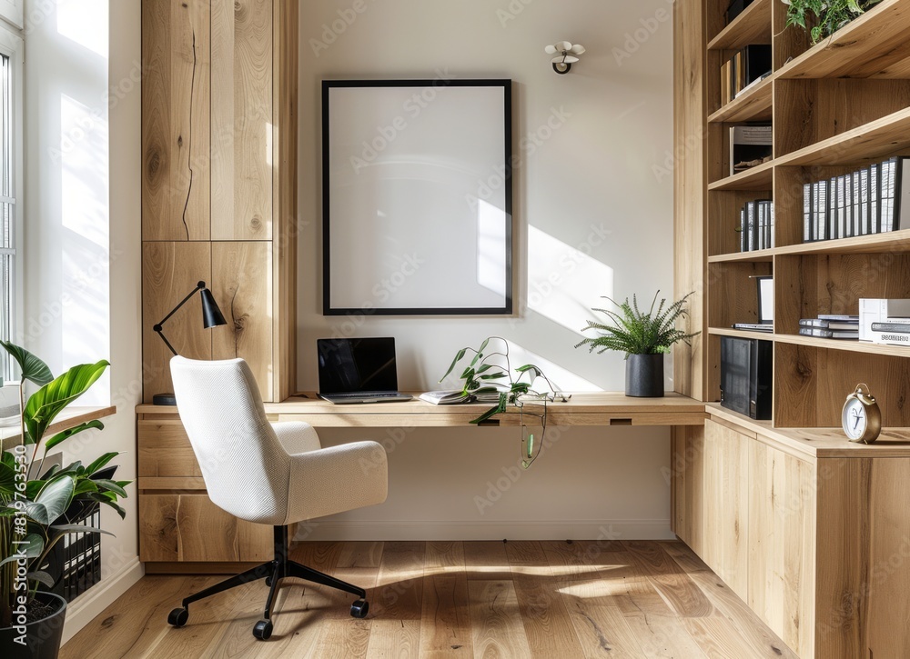 Fototapeta premium 3D render Frame blank mockup. Study room wall poster mockup. Interior mockup with background. Modern interior design.