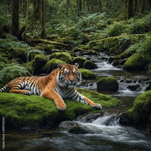 A tiger lounging on a moss-covered rock beside a tranquil forest stream.  