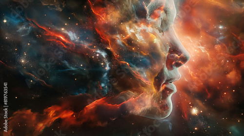 An artistic representation of a person’s head dissolving into a galaxy, symbolizing the boundless nature of consciousness. Dynamic and dramatic composition, with cope space photo