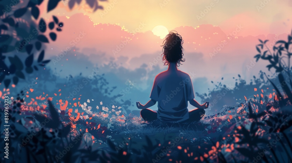Representing mental wellness and self-care. Include a person meditating in a tranquil environment, surrounded by nature. Representing mental wellness and self-care. Include a person meditating in a tranquil environment, surrounded by nature.