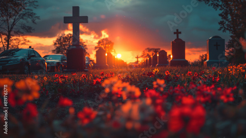 A cemetery with red flowers at sunset, surrounded by old tombstones and cars parked near the entrance. The sky is filled with hues of orange and blue as the sun sets behind one cross in focus photo