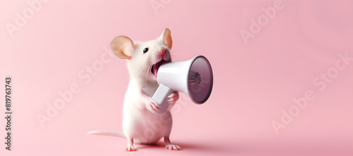 Mouse announcing using hand speaker. Notifying, warning, announcement.