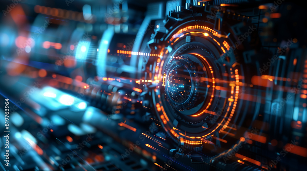 A computer generated image of a glowing, metallic object with a circular shape. The image has a futuristic, technological feel to it A computer generated image of a glowing, metallic object with a circular shape. The image has a futuristic, technological feel to it