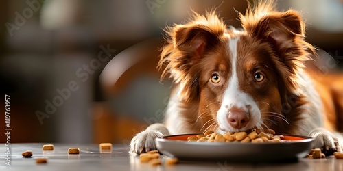 Australian Shepherd dog eating food at home showing disinterest in it appropriate for pets. Concept Pets, Australian Shepherd, Eating Habits, Disinterest, Dog Behavior photo
