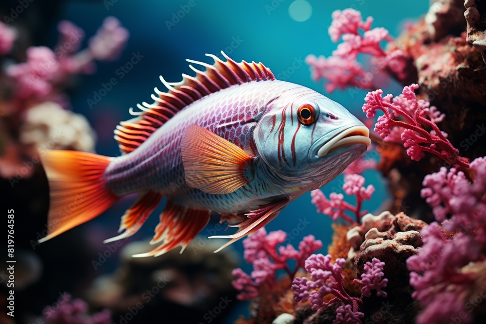 Fototapeta premium Colorful tropical fish in the aquarium. Underwater world with corals and tropical fish.