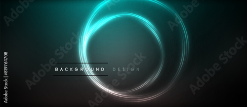 Neon glowing circle rays, light round lines in the dark, planet style neon wave lines. Energetic electric concept design for wallpaper, banner, background