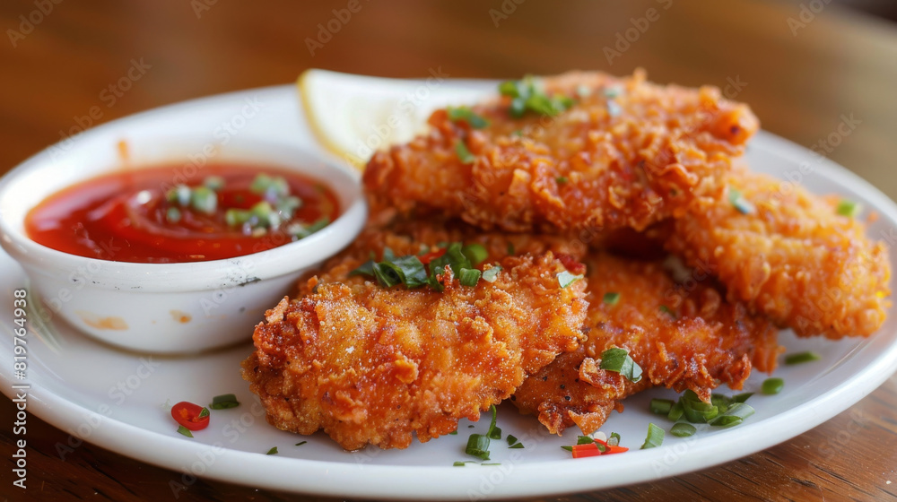 Authentic african cuisine: enjoy a delectable tanzanian crispy fried fish with a tangy dip and fresh garnish Authentic african cuisine: enjoy a delectable tanzanian crispy fried fish with a tangy dip and fresh garnish