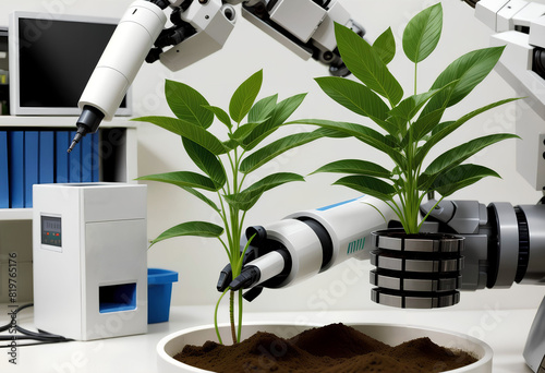 Plant in robot hand laboratory of high-tech biofarm plants green plants for selection and cultivation. Generated by AI.