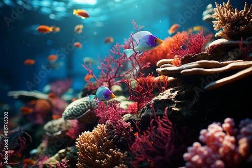 Colorful tropical fish in the aquarium. Underwater world with corals and tropical fish.