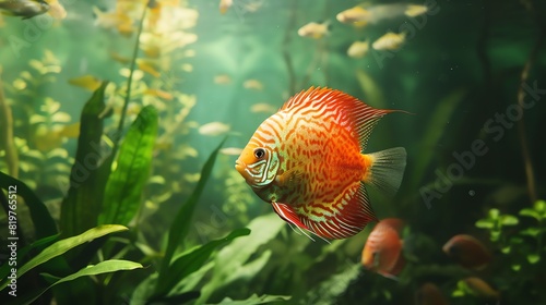 Discus fish displaying elegance while gliding through aquarium water