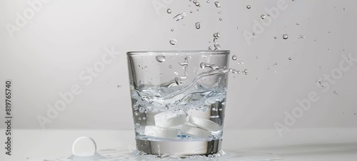 The tablet falls and dissolves in a glass of water on a white background, slow motion photo