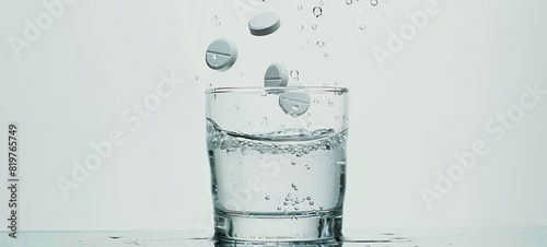 The tablet falls and dissolves in a glass of water on a white background, slow motion photo