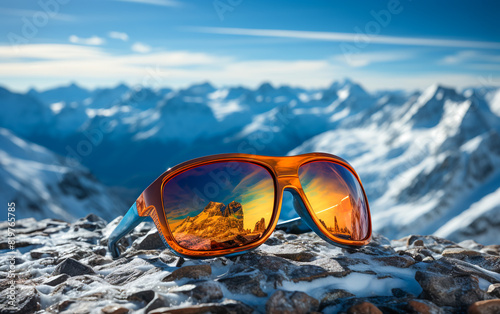 ski sunglasses on the snow against the backdrop of snow-capped mountains