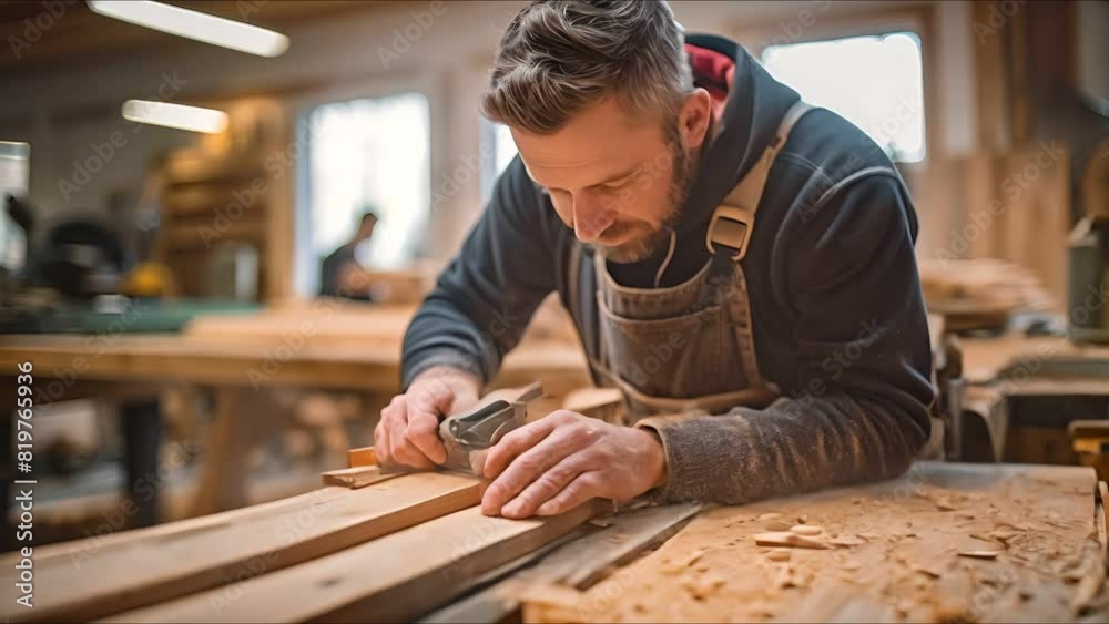 Carpenter working on wooden table in a carpentry workshop