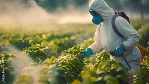 Costume spraying pesticides , Farmer spraying vegetables in the garden farm ,  an herbicide linked to cancer photo