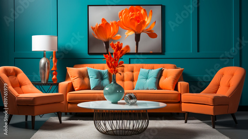 Modern living room interior  in hot  orange und teal green color photo