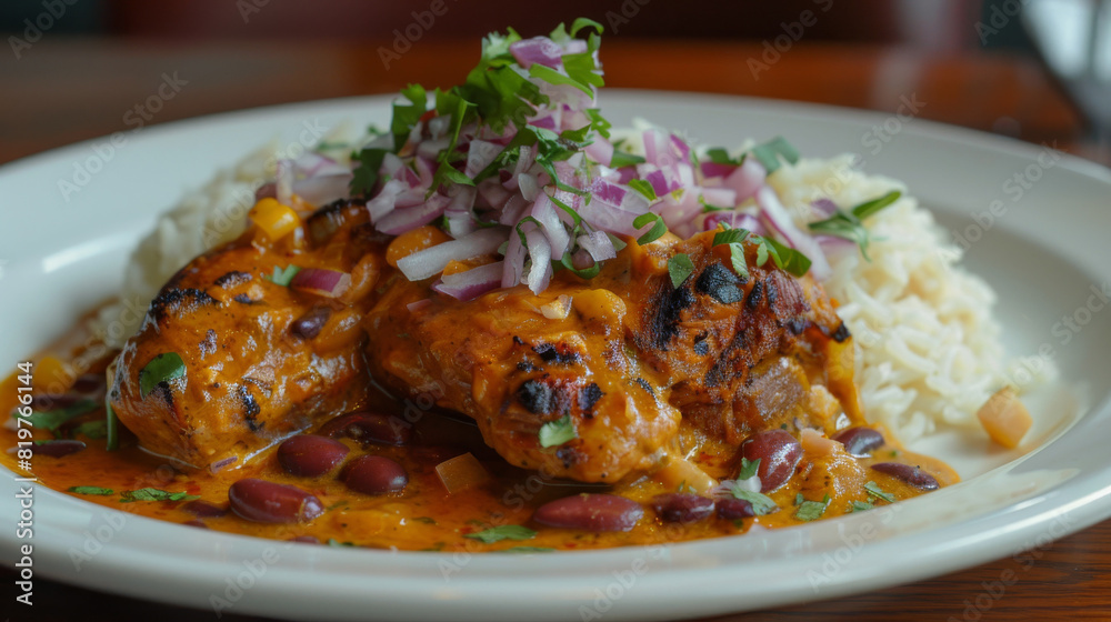 Traditional tanzanian cuisine: grilled chicken with onion relish, rice, and kidney beans Traditional tanzanian cuisine: grilled chicken with onion relish, rice, and kidney beans