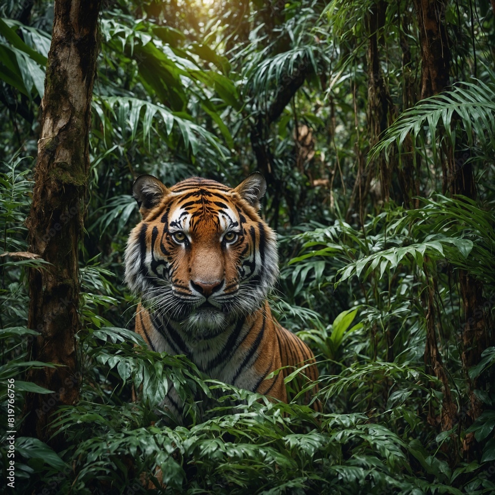 A tiger camouflaged among the vibrant foliage of the rainforest.

