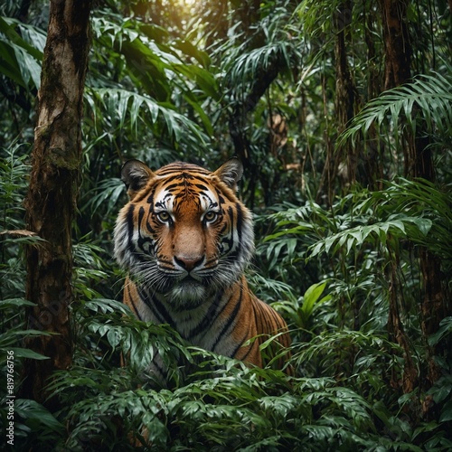A tiger camouflaged among the vibrant foliage of the rainforest.