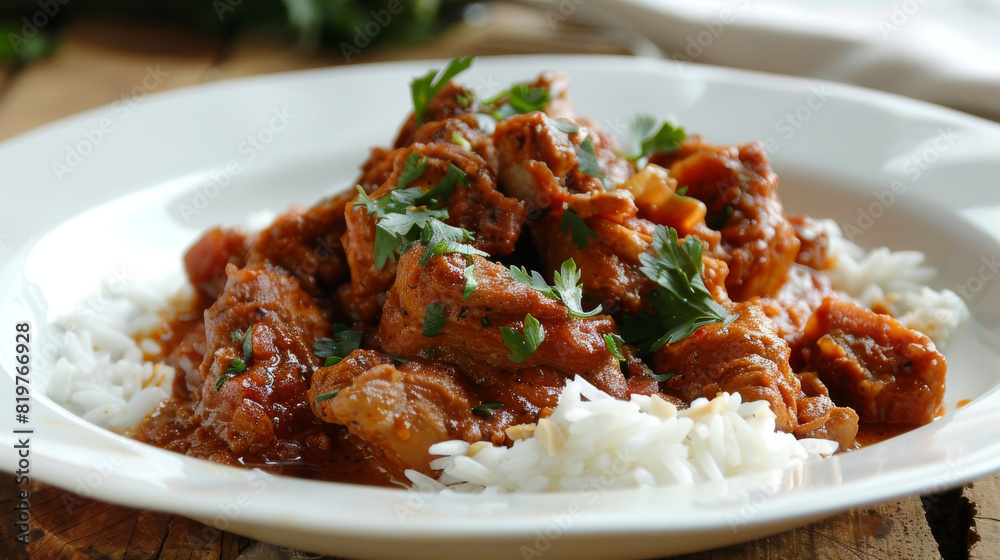 Traditional tanzanian dish: spicy chicken stew with white rice and fresh parsley on a white plate