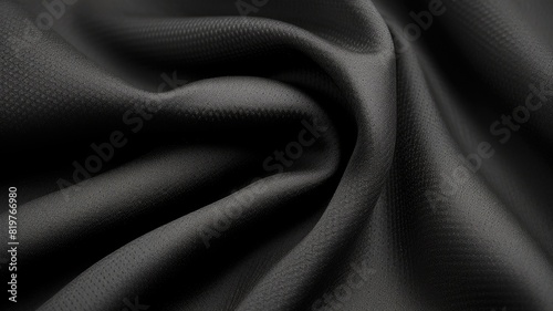 Black textile close up. Abstract artwork of close up of luxury cloth with smooth texture and dark color. High resolution fabric texture for background, fashion, and material concept design. AIG35.