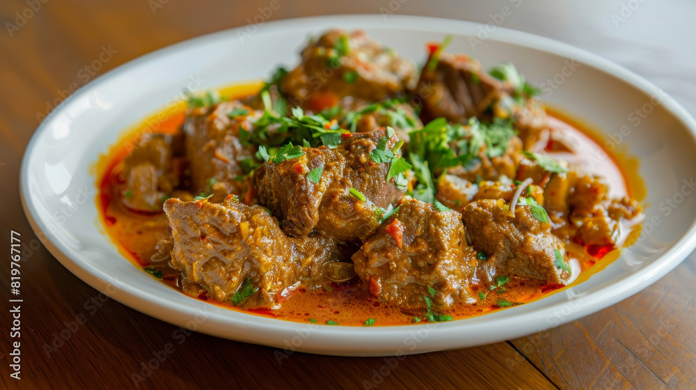 Delicious tanzanian stew with tender meat in flavorful, spicy sauce and fresh greens, presented on a white plate