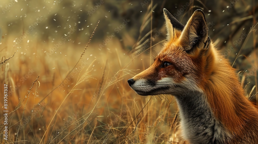 Naklejka premium Beautiful High angle shot of a cute fox lying on the ground in the forest surrounded by greenery