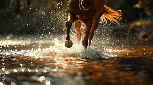 The rhythmic sound of hooves splashing through the water as a horse gracefully gallops through the shallow depths of a river, creating a harmonious melody photo