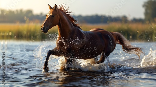 The shimmering surface of a river as a horse gracefully trots through its tranquil waters, creating a serene and picturesque scene