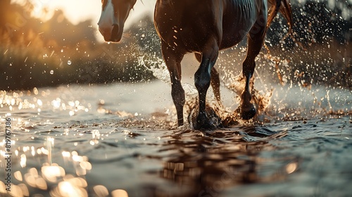 The rhythmic sound of hooves splashing through the water as a horse gracefully gallops through the shallow depths of a river, creating a harmonious melody photo