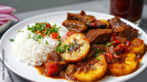 Authentic tanzanian meal featuring seasoned beef  rice  and plantains served on a white plate with vibrant vegetable garnish and a drink