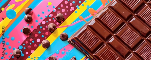 Pop art inspired chocolate advertising poster, vibrant colors, catchy tagline photo