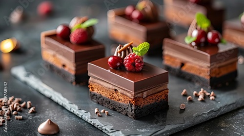 A modern patisserie crafting chocolate desserts, clean lines, high contrast lighting on the desserts