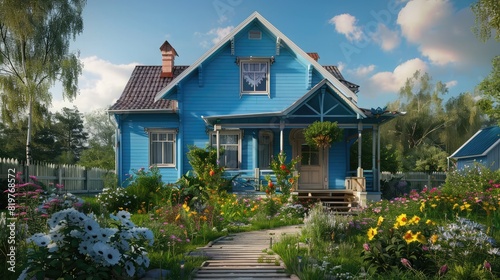 Discover tranquility in this adorable blue countryside home ,Beautiful Farmhouse Surrounded By Blooming Flower Gardens,3D render of a beautiful house in the garden with flowers 