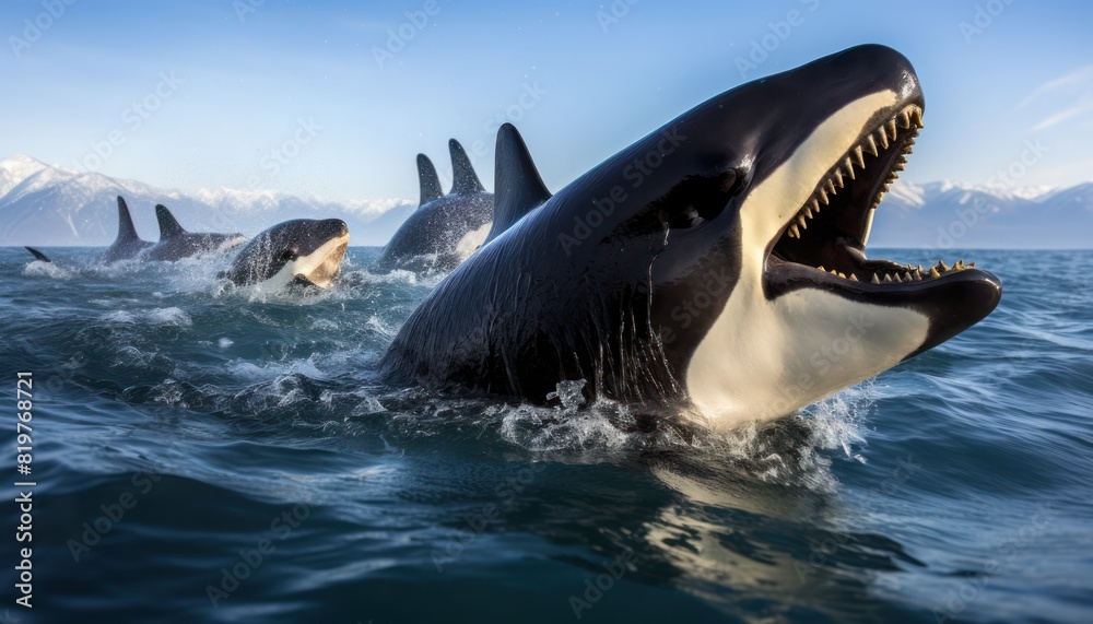 Fototapeta premium Groups of Orcas or killer whales swim and hunt for prey, the top of the food chain in a sea of ice floes