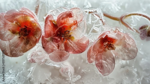 Flowers frozen in ice. The texture of the ice.