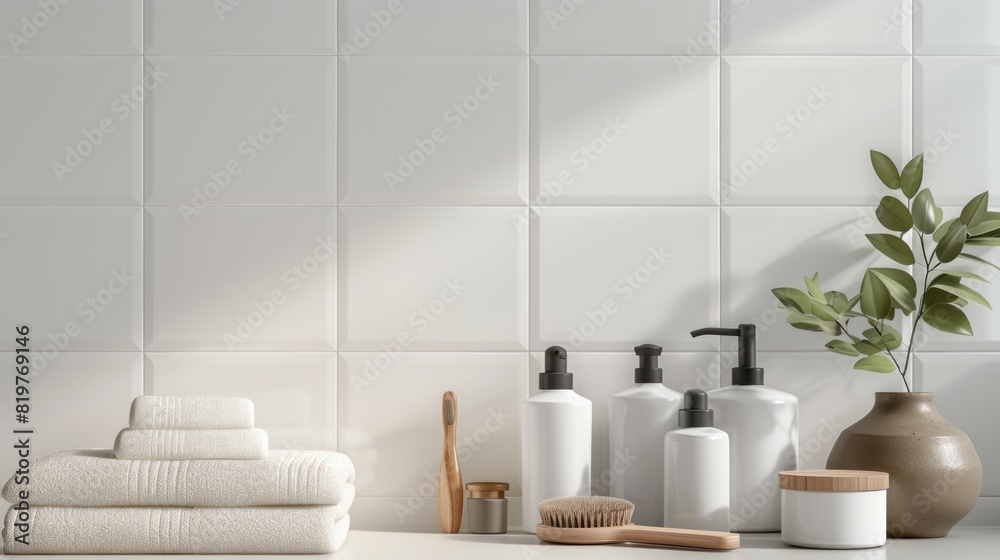 Fototapeta premium White Bathroom Counter WithðŸ§´, ðŸŒ¿, And Folded Towels.