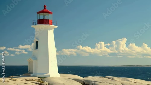A lighthouse is on a rocky shoreline with the ocean in the background. The lighthouse is white and red, and it is the only structure on the rocky shore. The ocean is calm and the sky is clear