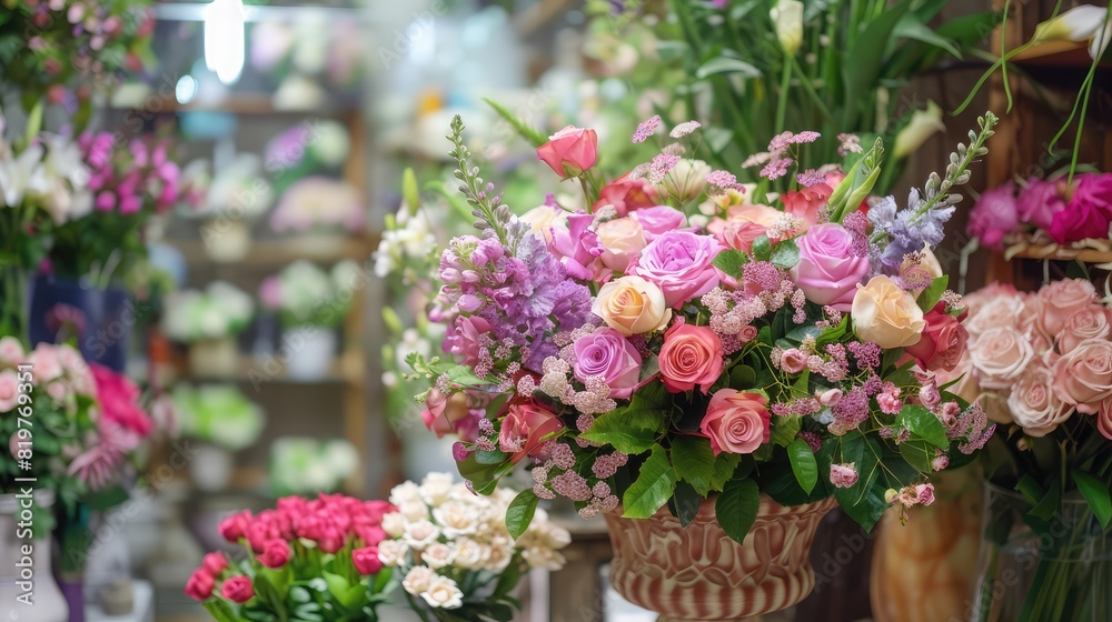 Flower arrangement as floral decoration for wedding and flowers shop decor