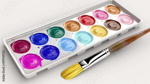 A digital gouache paint set, with thick, opaque colors that mimic the real-life appearance and texture of gouache, shown with a brush and mixing tray. 